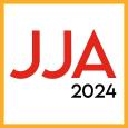 logo des JJA 2024 (lettres en rouge+ année en noir) fond blanc, cadre orange