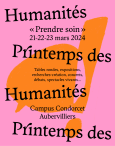 Affiche du printemps des Humanités 2024 avec un fond rose et une bulle orange qui se détache du fond