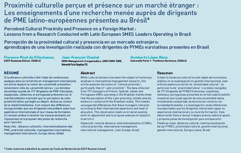 Proximité culturelle perçue et présence sur un marché étranger : Les enseignements d’une recherche menée auprès de dirigeants de PME latino-européennes présentes au Brésil.